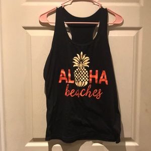 Printed black tank top, Aloha beaches, probably size medium